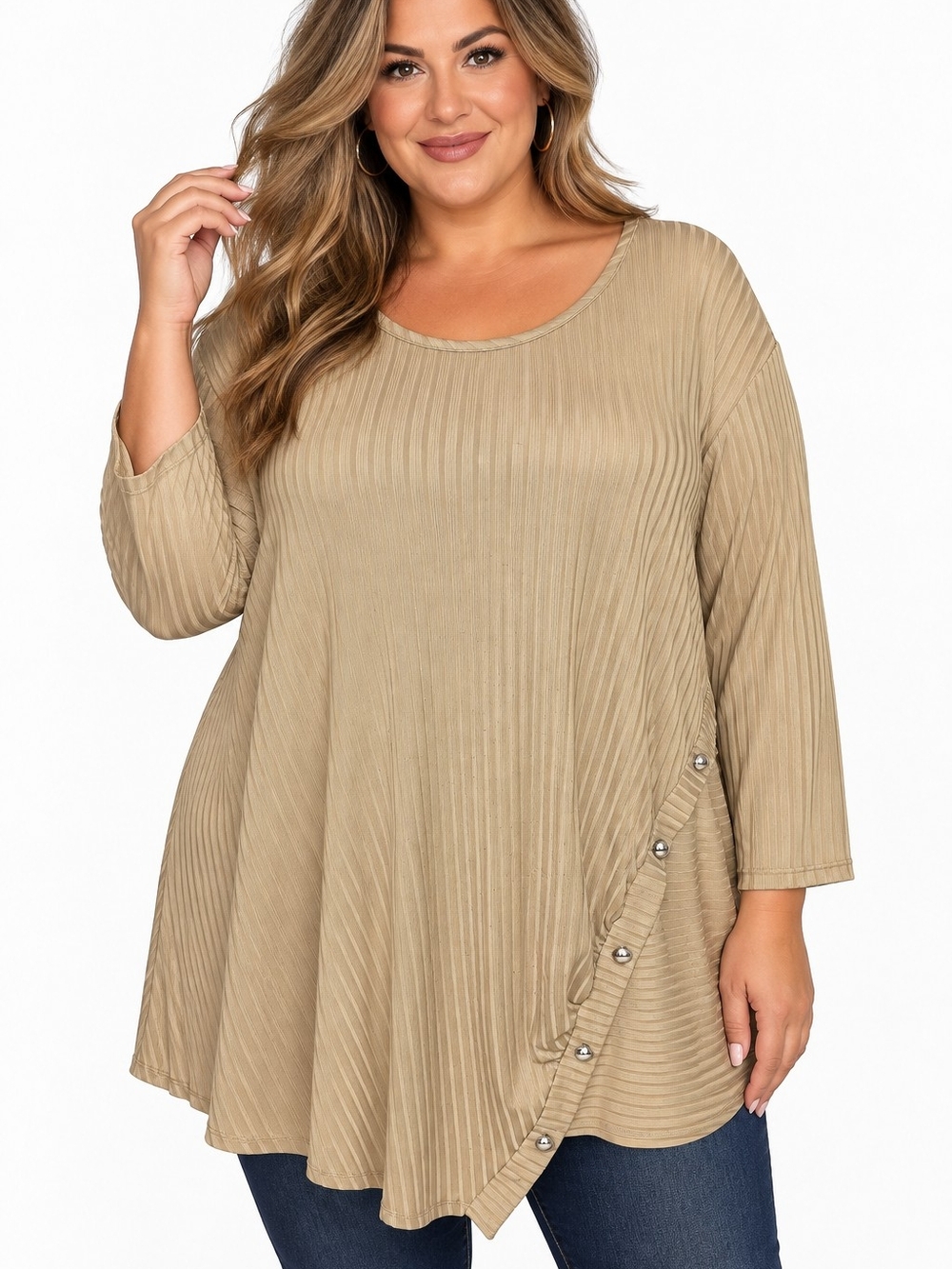 Sami & Jo Taupe Ribbed A-Line Tunic with Button Trim